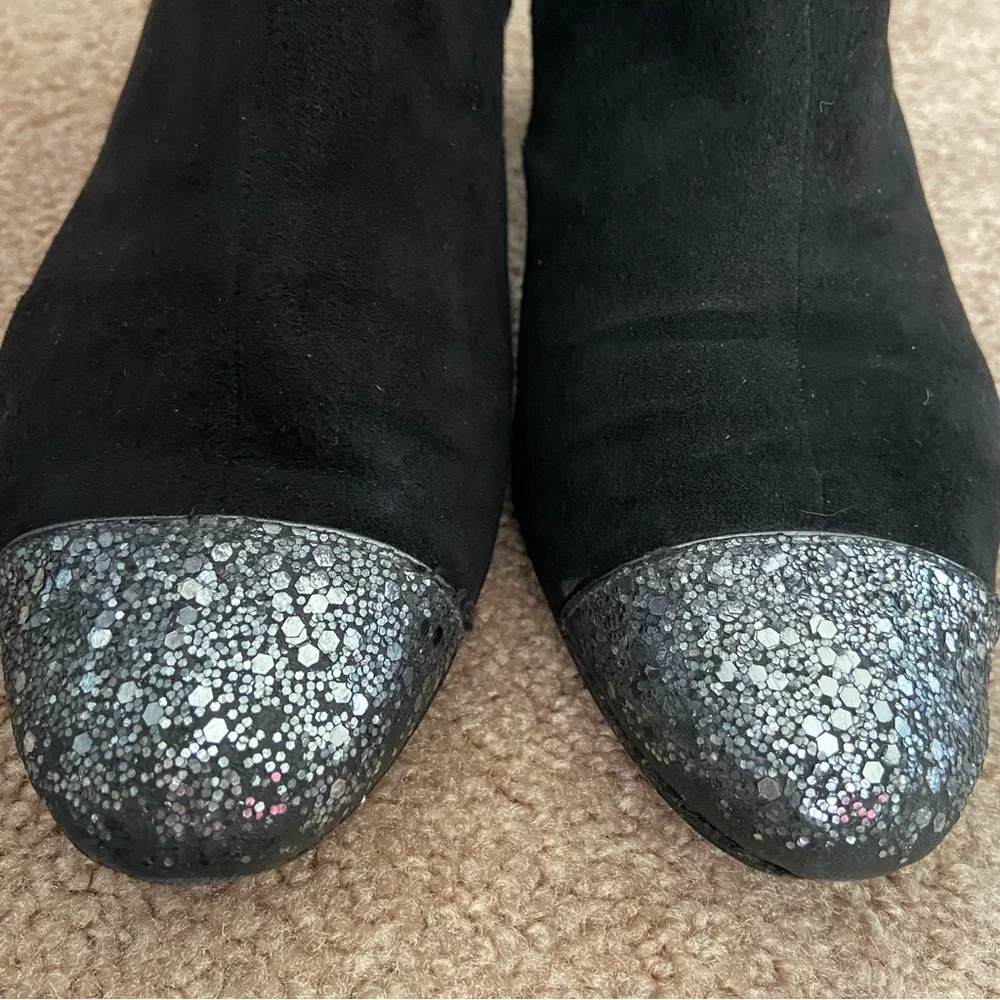 Chanel Black Suede Ankle Boots Booties with Glitters Heels and Toes